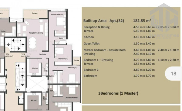 شقة للبيع في كمبوند بالم هيلز التجمع الخامس مساحة 183 متر